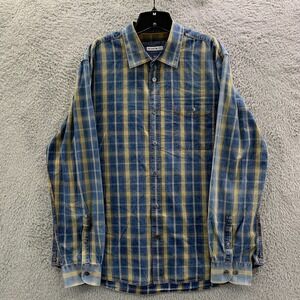 32 Bar Blues Shirt Mens Size XL Button Up Plaid Extra Large Blue*